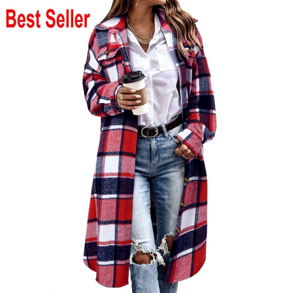 Oversized Plaid Shacket Jacket Long Sleeve Corduroy Trench Coat Casual Chic